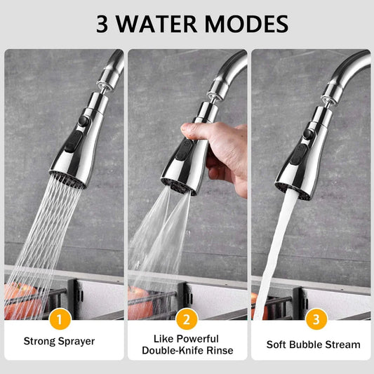 3-mode kitchen faucet sprayer head (Strong Spray, Double-Knife Rinse, Soft Bubble Stream)