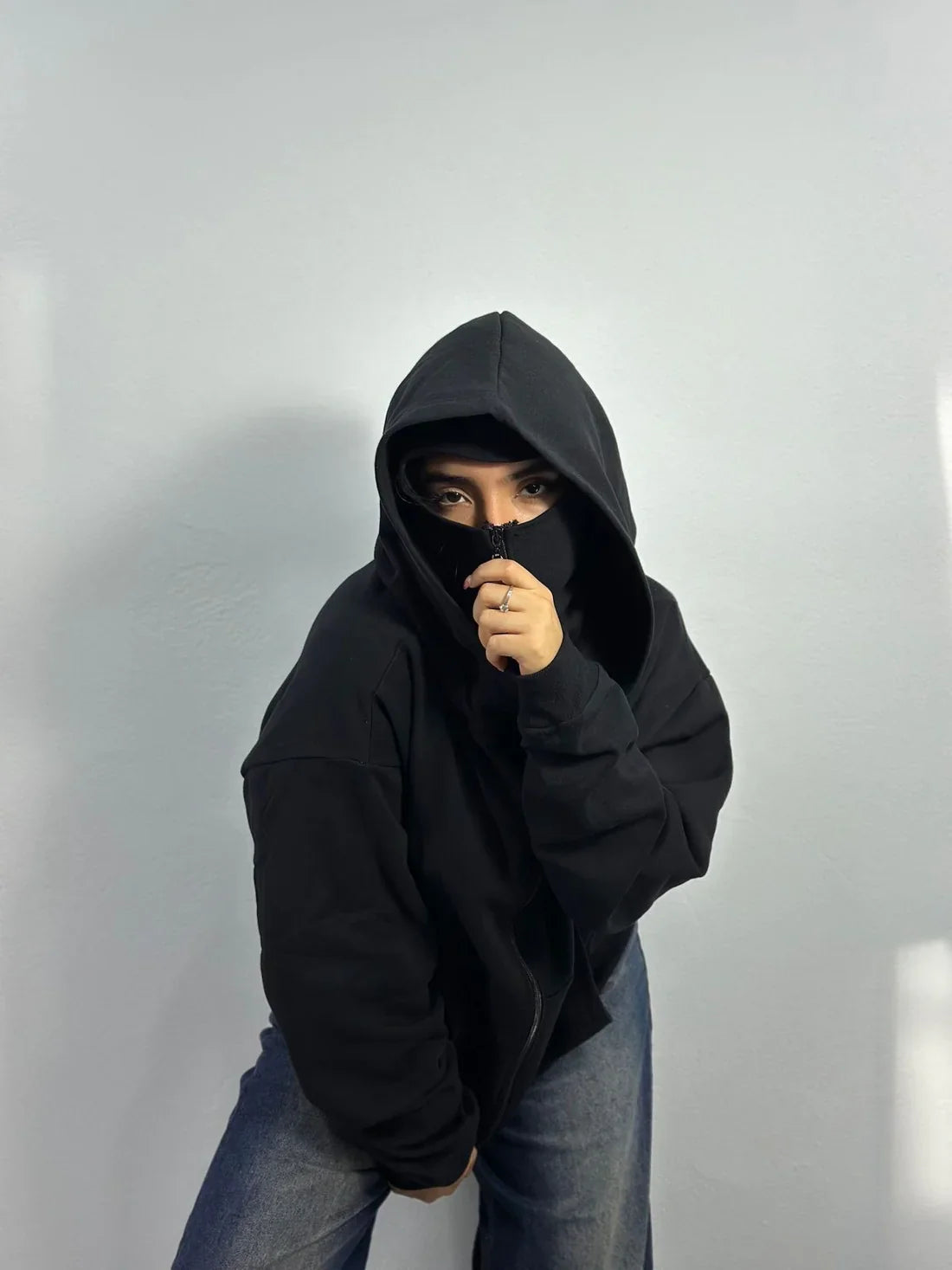 Stylish Black Balaclava Hoodie With Full Mask – Casual Zip-Up Sweatshirt