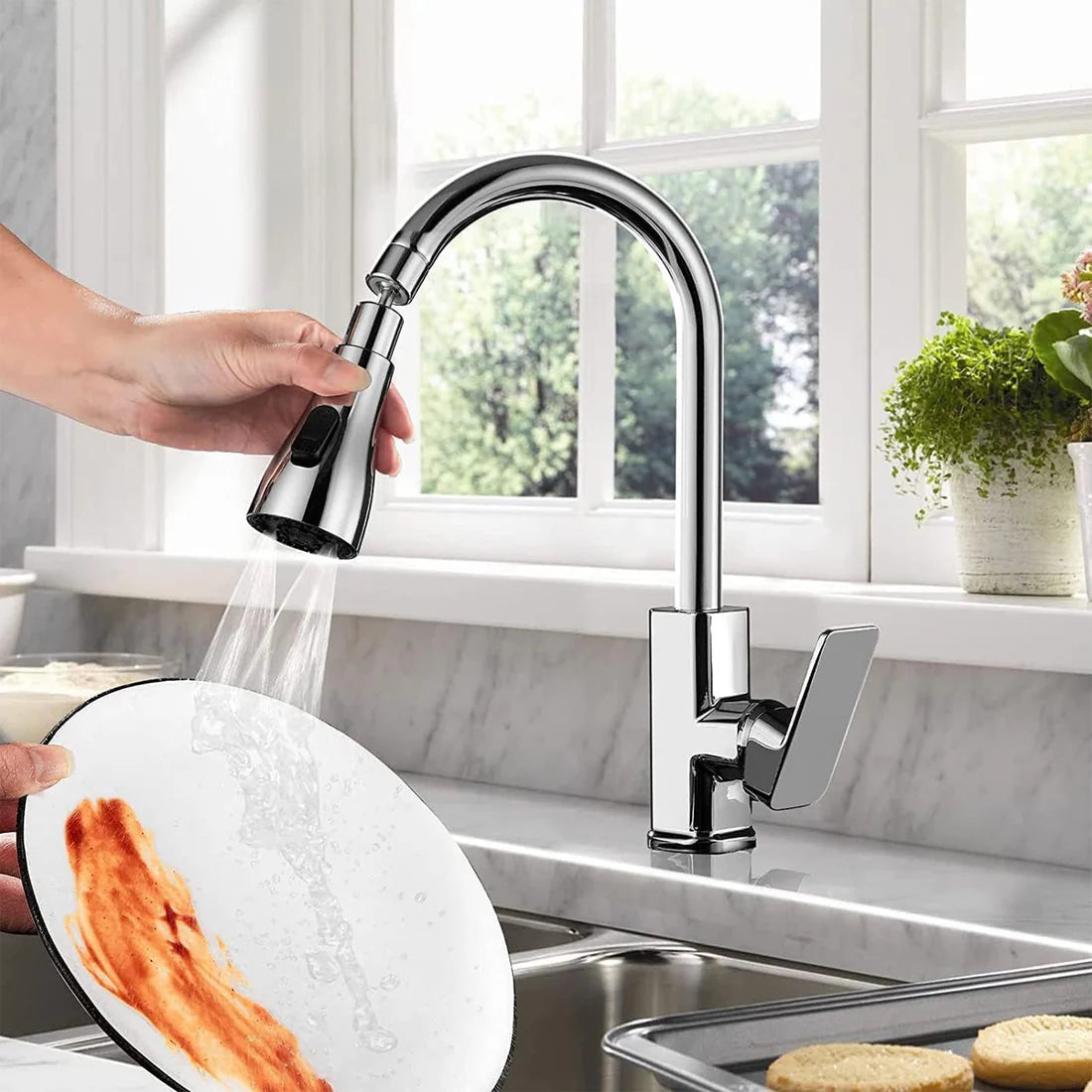 3-mode kitchen faucet sprayer head (Strong Spray, Double-Knife Rinse, Soft Bubble Stream)